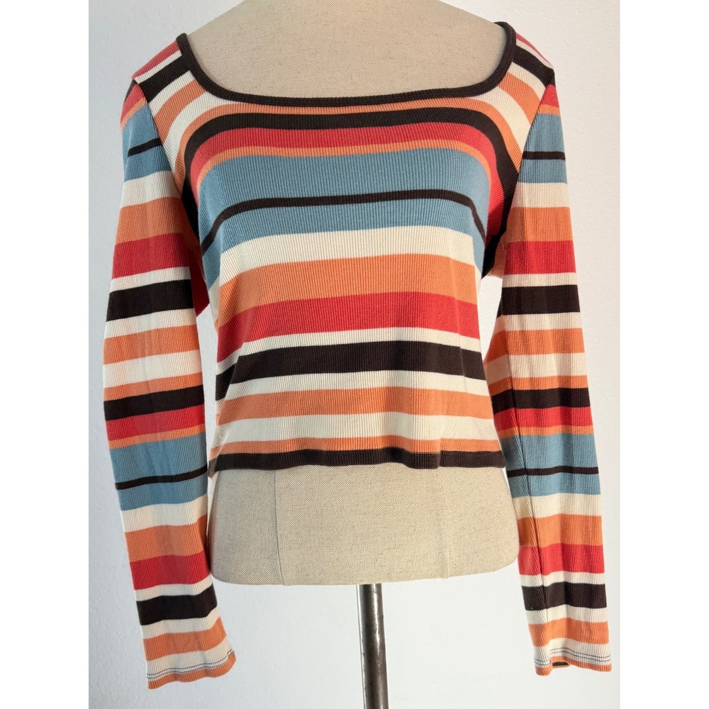 O'Neil Retro Colorful Striped Babydoll Top Fitted Y2K Boho Indie Ribbed Knit Med